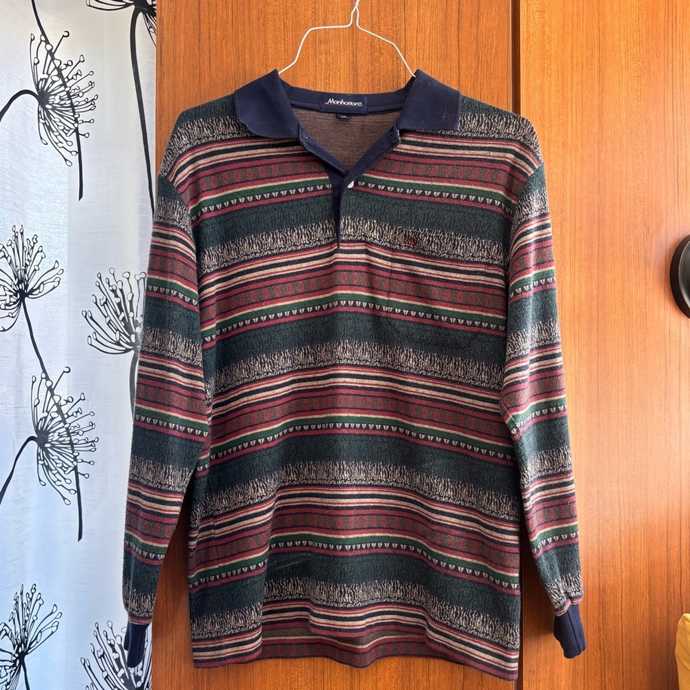 Vintage Manhattan Striped Long Sleeve Polo Rugby Shirt Grandpa Core Size M